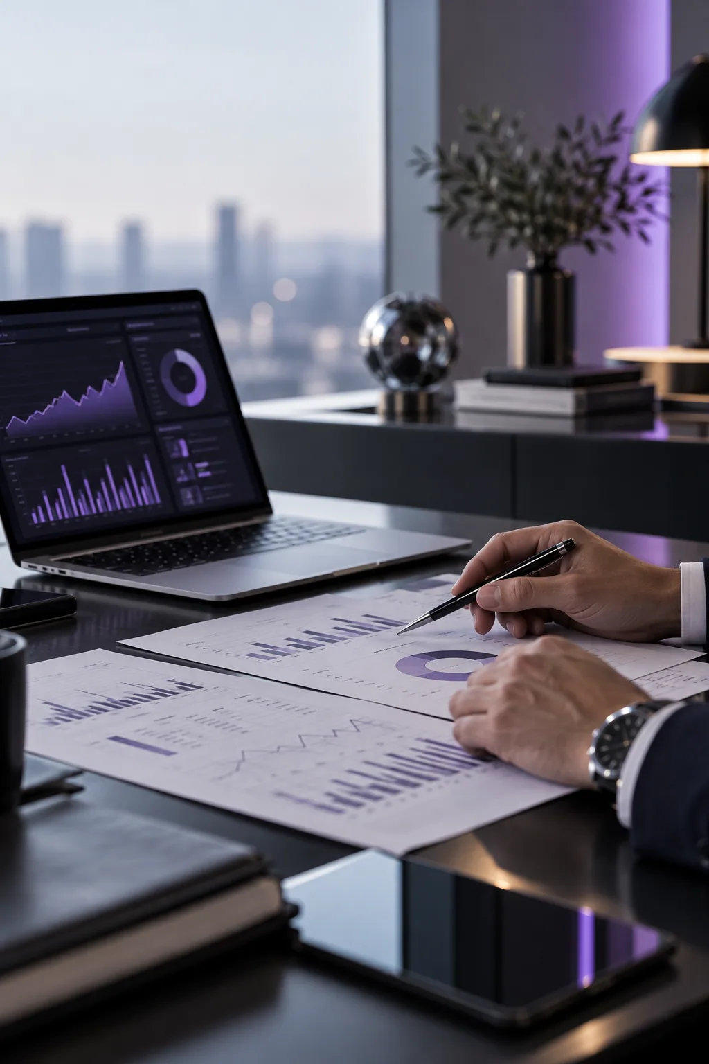 Analisi di report e dati aziendali su carta e computer.