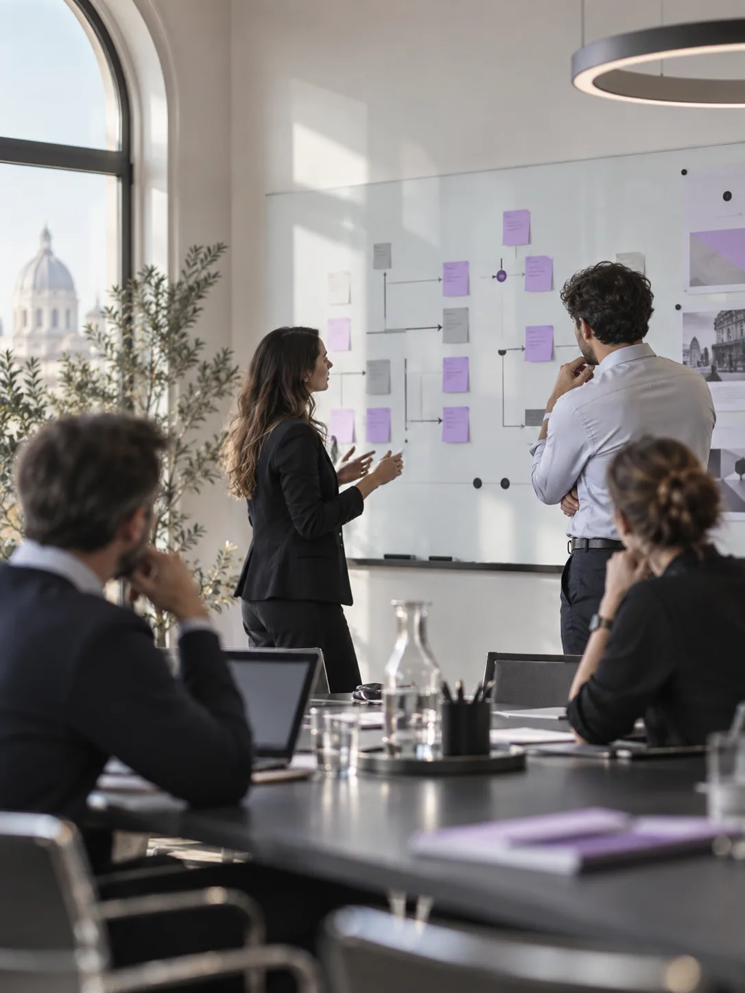 Un team pianifica i processi di lavoro davanti a una lavagna.